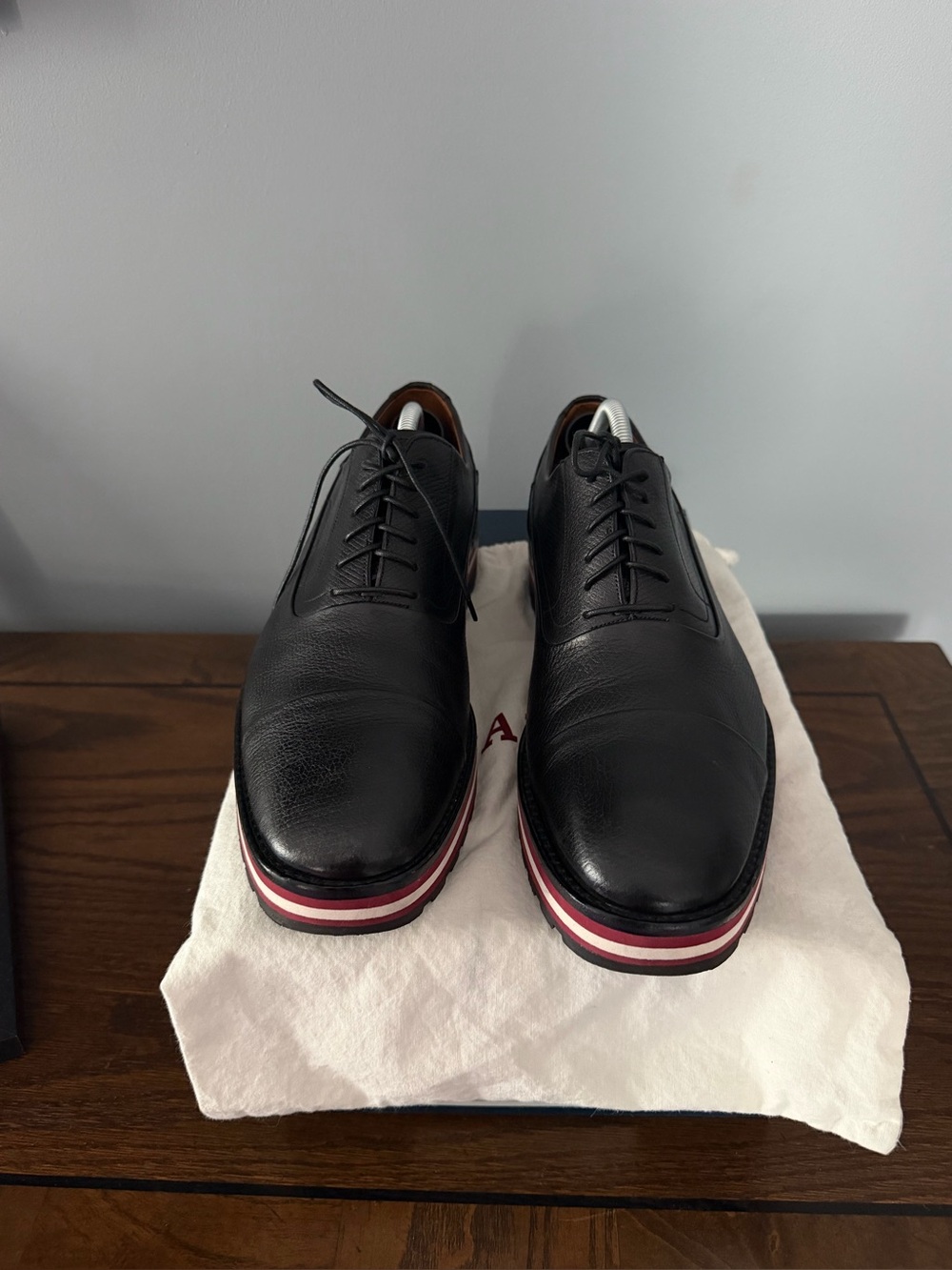 Bally Black Leather Oxfords with Red and White Layered Sole 
No box
